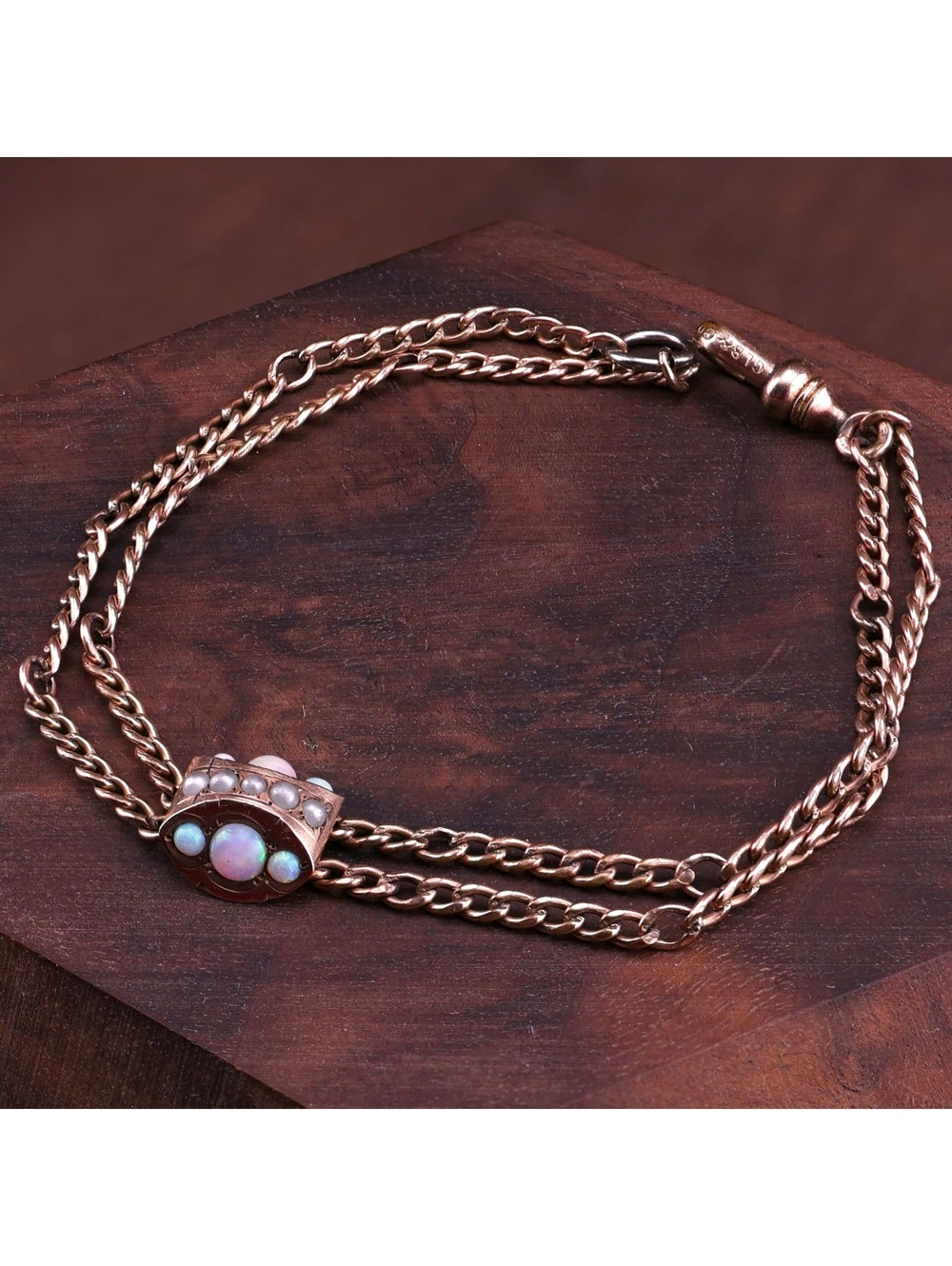Antique GLB & Co 10k Lorgnette/Watch Chain with Opal & Seed Pearl Slide Bracelet